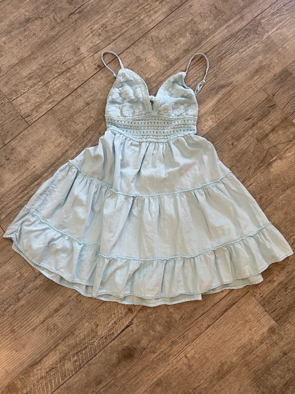 Blanco by Nature Boho Coastal cowgirl 100% Cotton Lt Blue Lace Bodice Mini Dress
